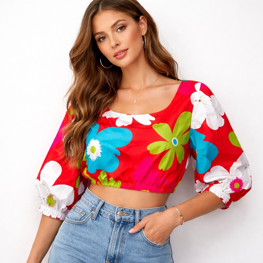 NWT Maude Vivante Cropped Top Puff Sleeve 60s inspired Mod Cotton size Small